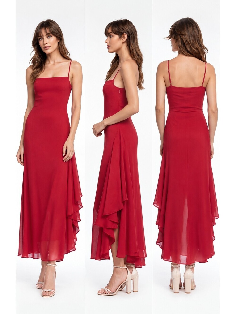 $450 Jewel Badgley Mischka Janie Square Neck Midi Dress Red Chiffon NWT sz 8